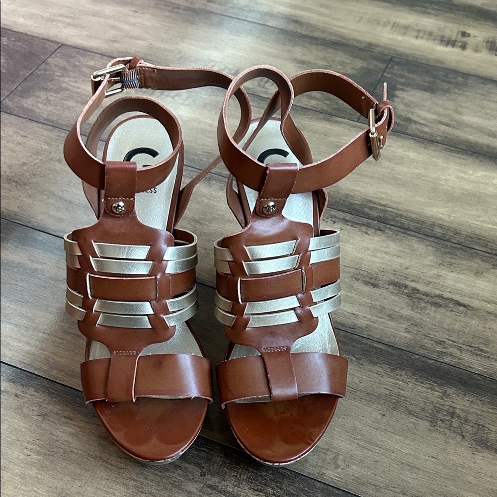 G by Guess Tan and Gold Women's Cork Wedges